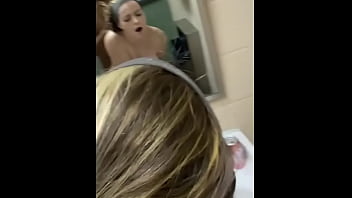 Cute girl gets hair pulled and moans in public bathroom